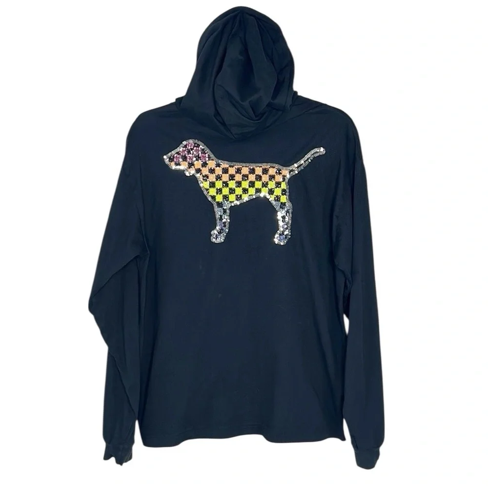 Victoria’s Secret PINK Rainbow Sequined Checkered Dog Hooded Tee size Large - Picture 1 of 15